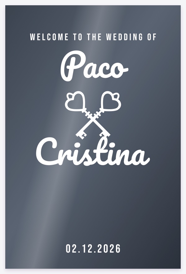 Plantilla Clásica: «Welcome to the wedding of», nombres en letra de palo y «&» caligráfico, sobre un espejo de boda