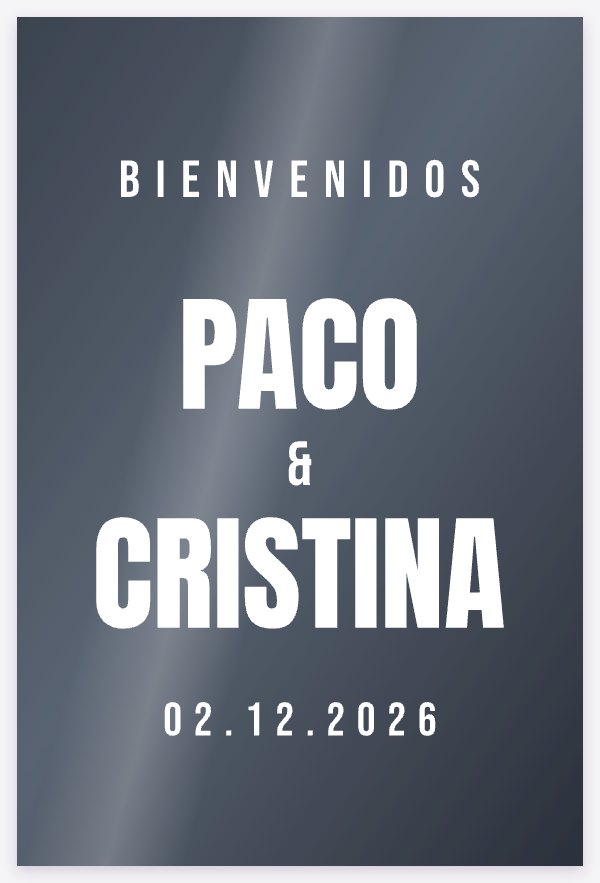 Plantilla Moderna: letra de palo alta y estrecha, todo en mayúsculas, sobre un espejo de boda